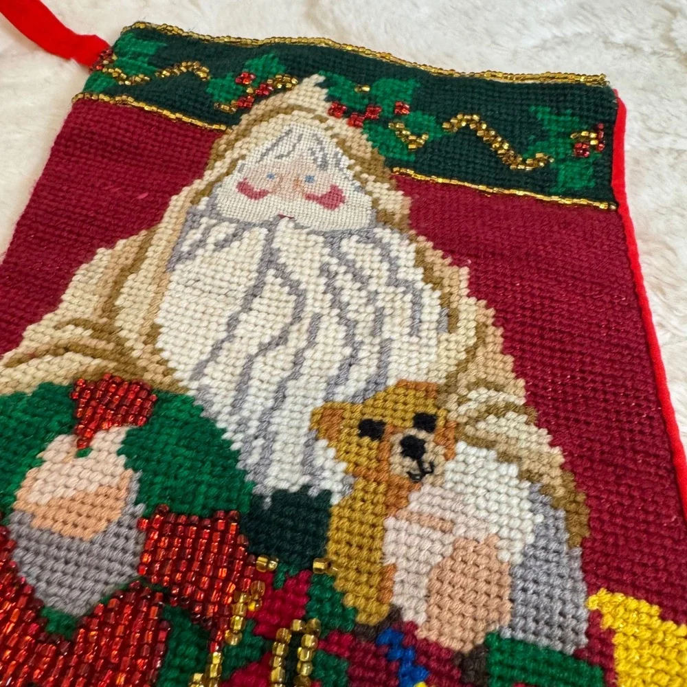 Vintage Needlepoint Christmas Stockings Set of 2 Angel Santa Beaded Red Green